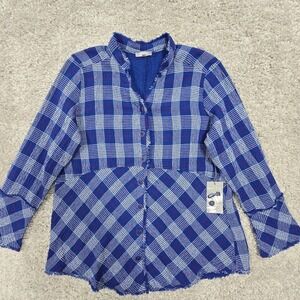 Habitat‎ Womens Top Small Blue Button Up Plaid Long Sleeve Gauzy Lagenlook